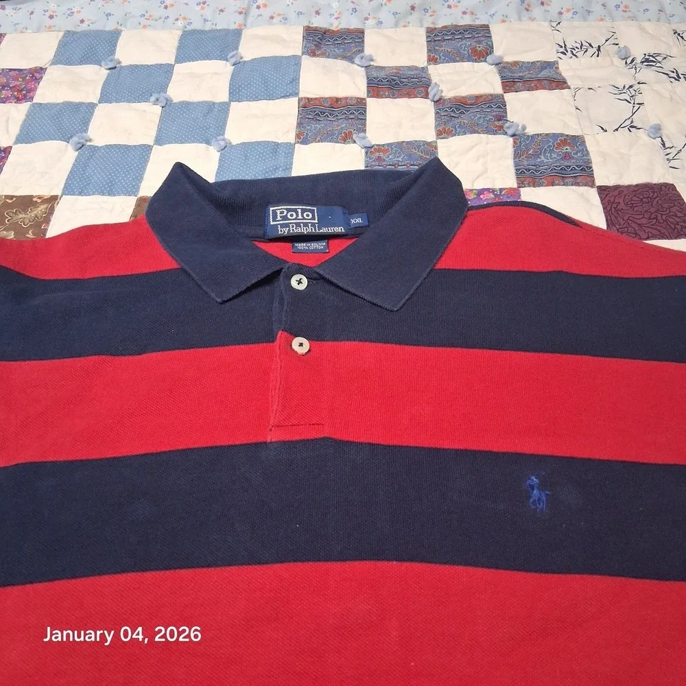 VTG Polo by‎ Ralph Lauren Shirt Size 2XL Red Blue Striped Cuffed Sleeve Pony